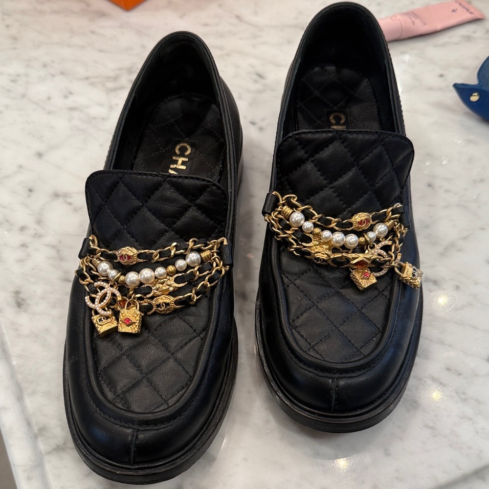 CHANEL Black Quilted Flats with Gold and Pearl Chains